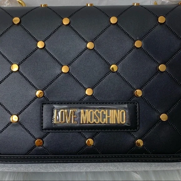 LOVE Moschino Borsa PU Nero Vegan Leather Studded Black Crossbody Bag NWT - Picture 6 of 15